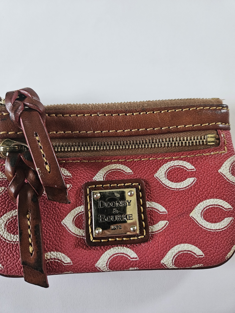 Dooney & Bourke Red Signature Logo Wristlet with Brown Trim - Picture 1 of 4